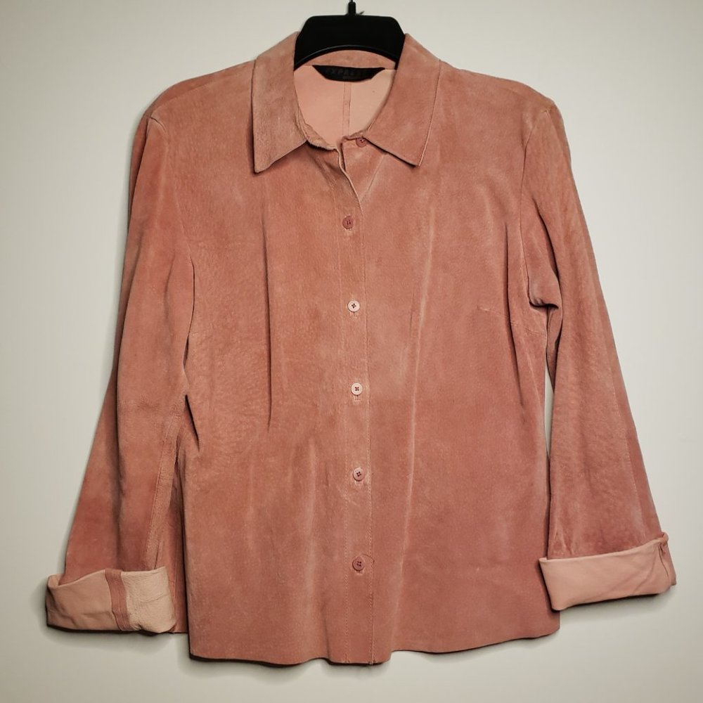 EXPRESS Pink 100% Genuine Leather Suede Shirt Jacket Shacket Size 11/12 M Vtg